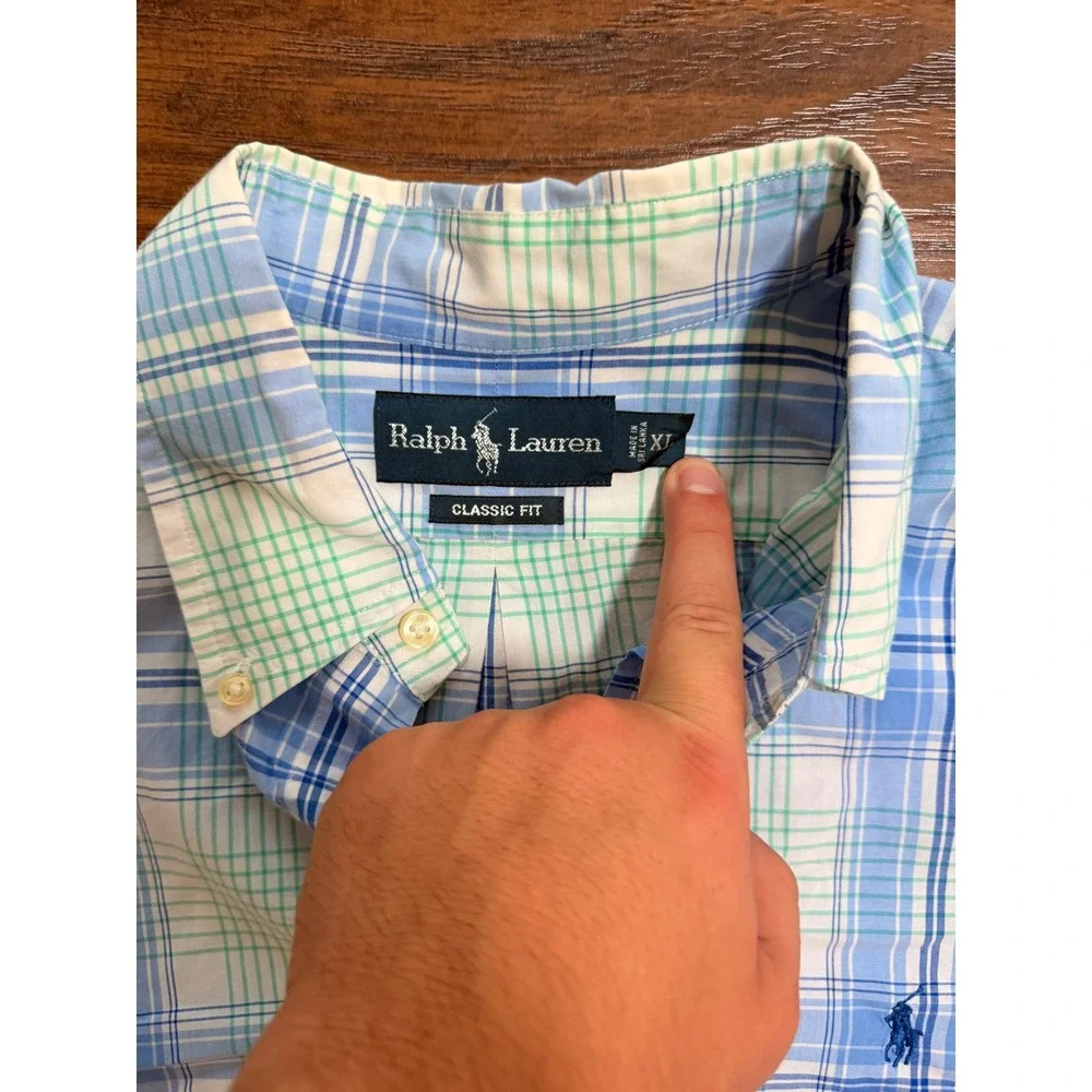 Polo Ralph‎ Lauren Mens XL Classic Fit Plaid Button Down Shirt Blue Green Cotton